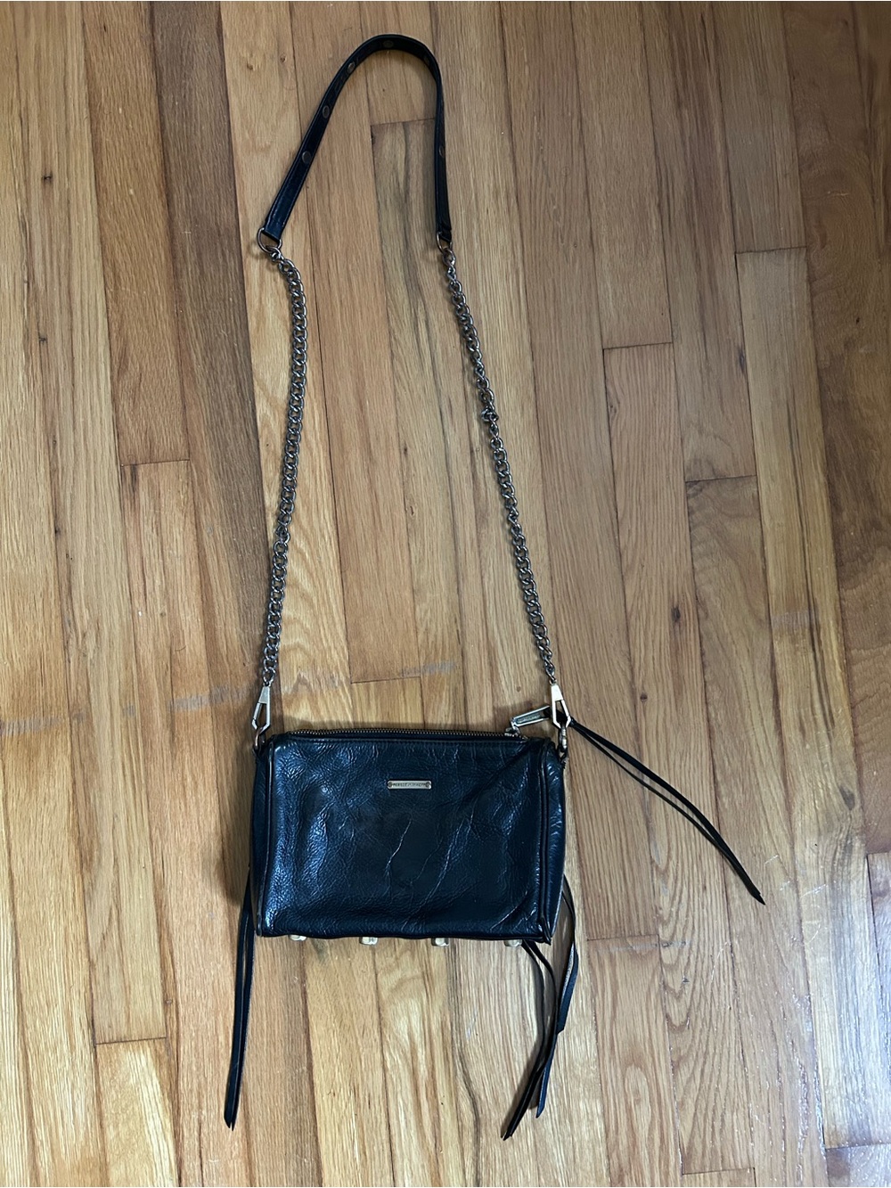 Rebecca Minkoff Black Leather Crossbody with Chain Strap and Tassels